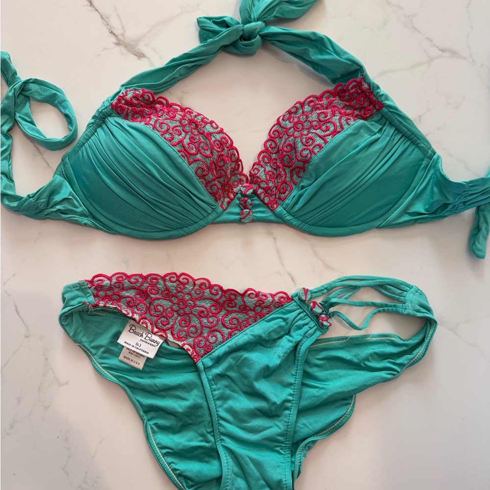 Beach Bunny Teal Bikini Set with Pink Embroidered Accents